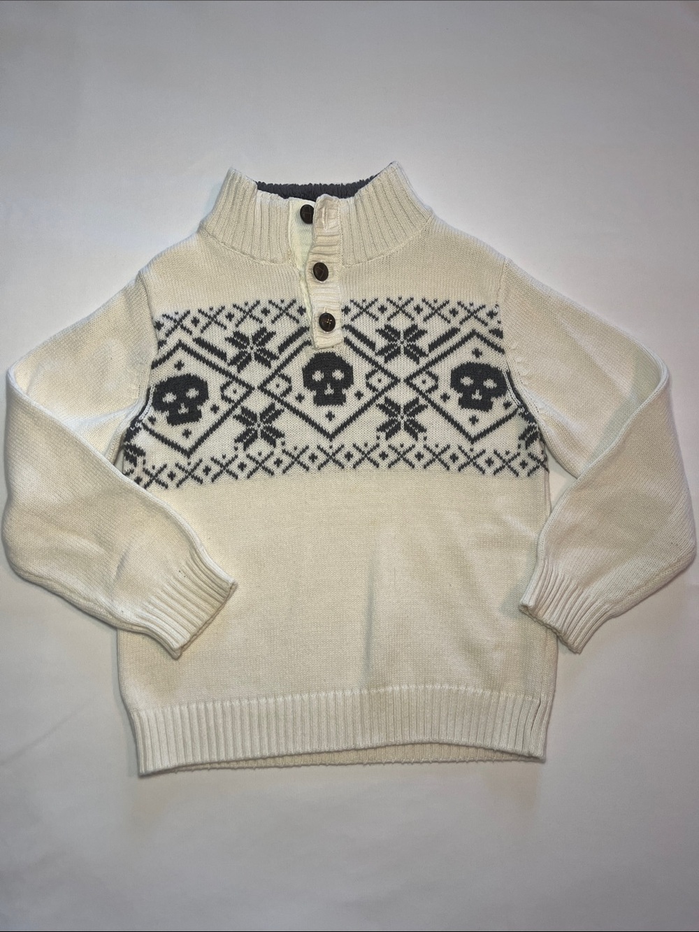 Kids Cream and Dark Gray Skull Fair Isle Sweater with buttons